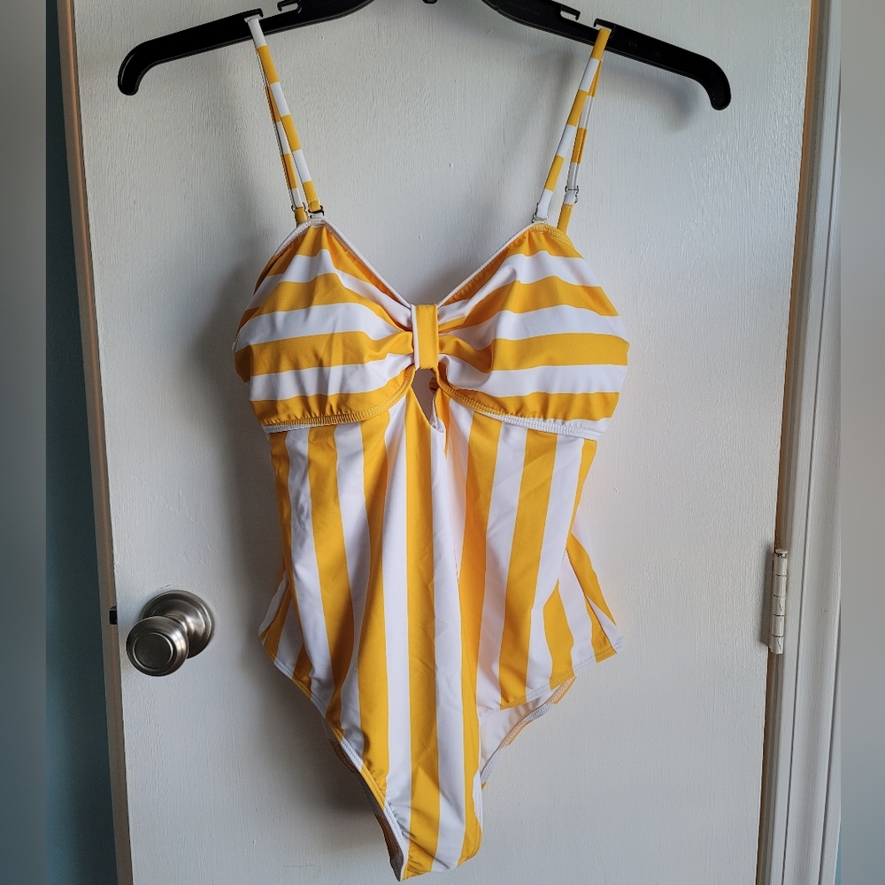 NWT IFFEI Womens Yellow Striped One Piece Swim Suit - Large